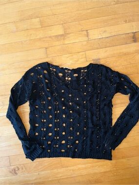 S M Issue Black Distressed Open-Knit Sweater swim cover up see through sheer top